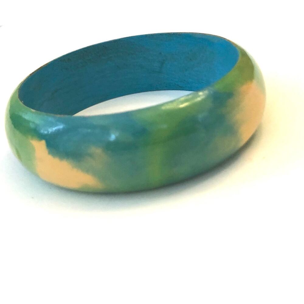 Vintage Tied-Dye Green and Yellow Painted Wooden Bracelet‎